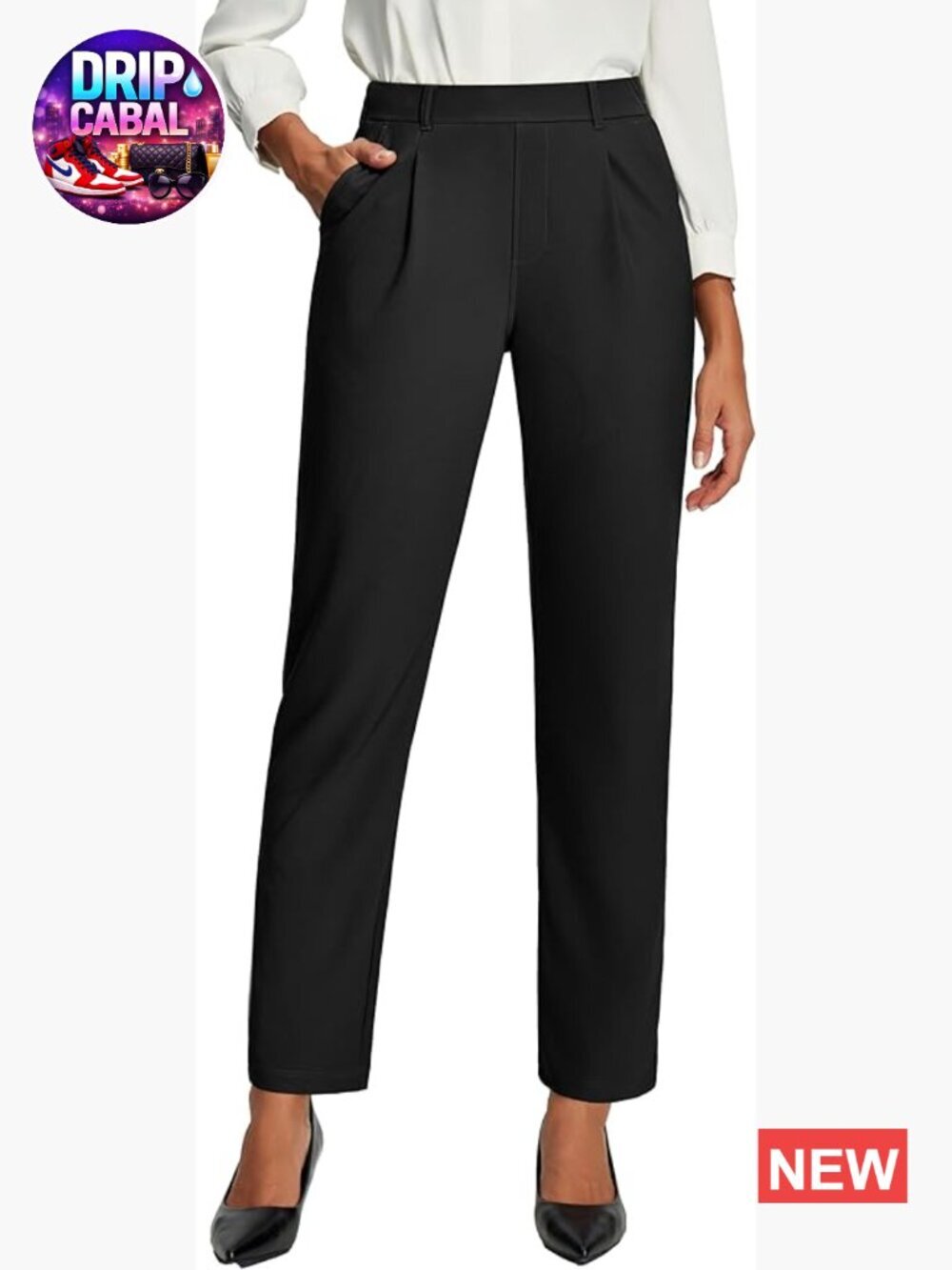 High Waisted Pull On Work Pants with Pockets, Stretch Polyester Fabric
